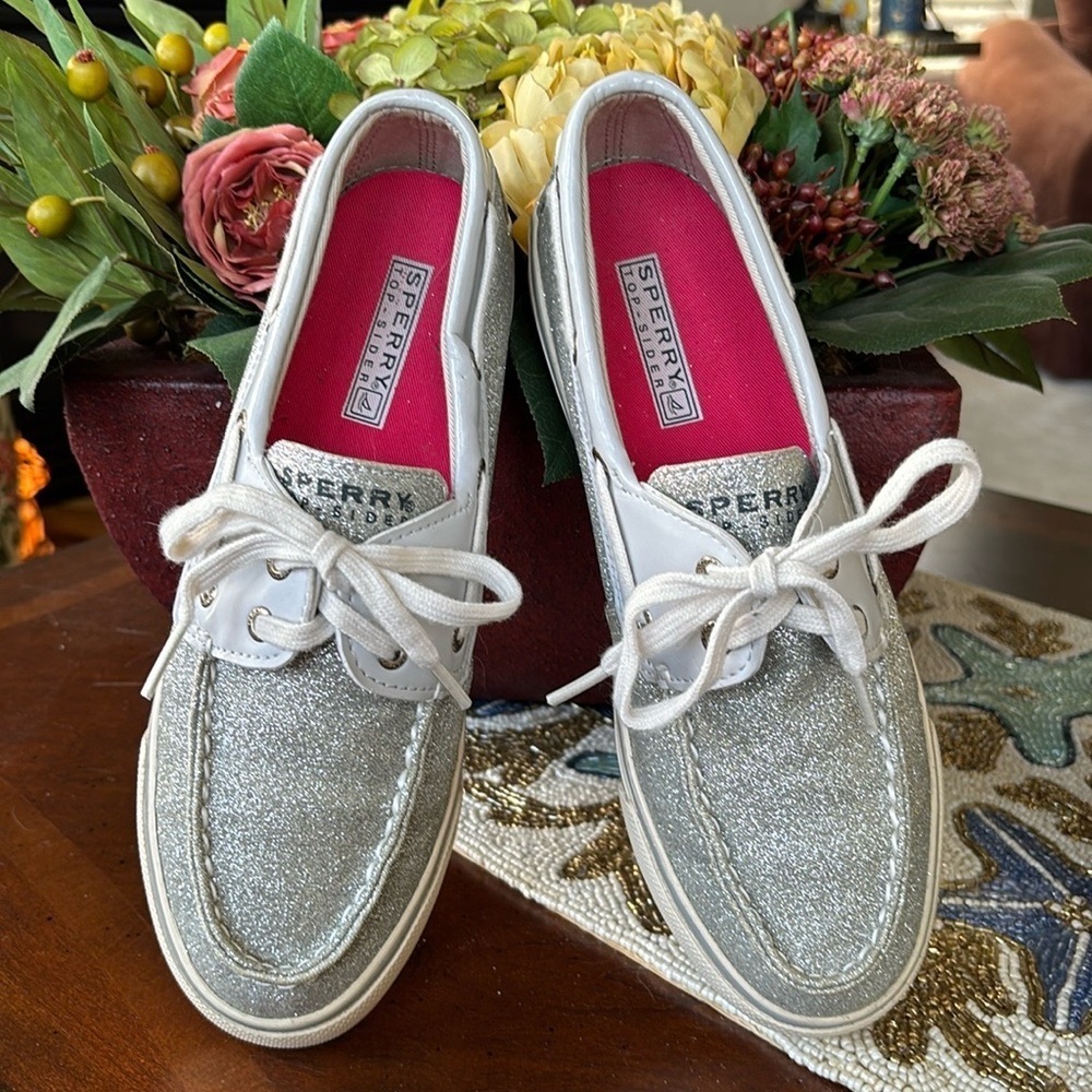 Sperry Angelfish Topsider Boat Shoes Pier View Gray Silver Sparkle Memory Foam